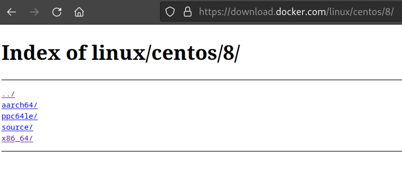 a screenshot of the docker repo contents at https://download.docker.com/linux/centos/8 showing only many directories including 'x86_64'