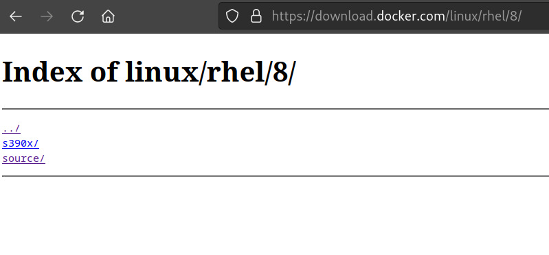 a screenshot of the docker repo contents at https://download.docker.com/linux/rhel/8 showing only two directories: 's390x' and 'source'